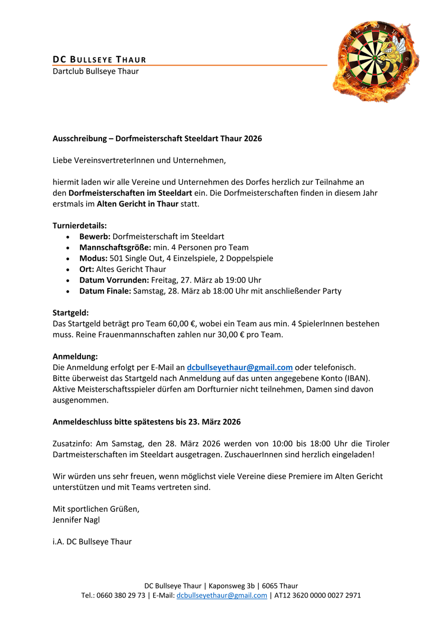 Ausschreibung - Dorfmeisterschaft Steeldart Thaur 2026